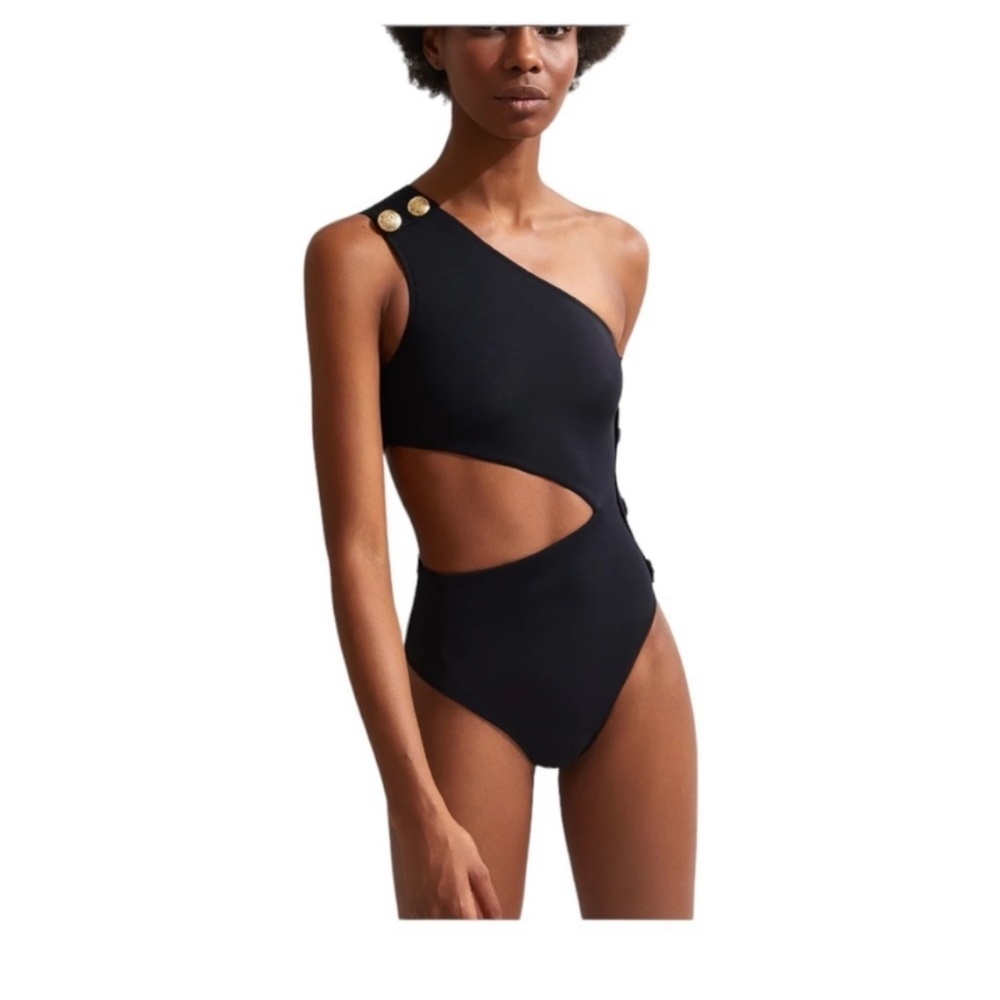 OYE Swimwear/Bathing Suit RHEA with Gold Buttons One Shoulder Side Cut Out - Picture 7 of 10